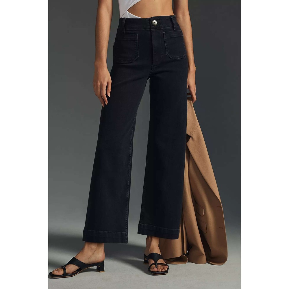 Anthropologie The Skipper Wide-Leg Jeans Women 26 Black High Rise Patch Pocket
